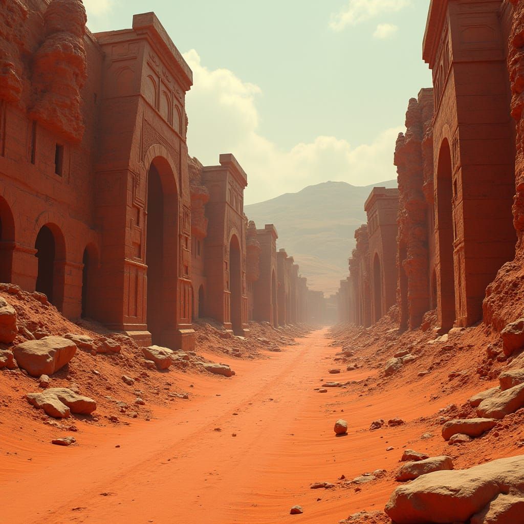 Abandoned Martian Town Ruins in Sandstorm