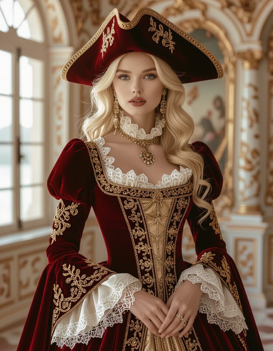 Blonde Woman in Pirate Hat in Venetian Interior