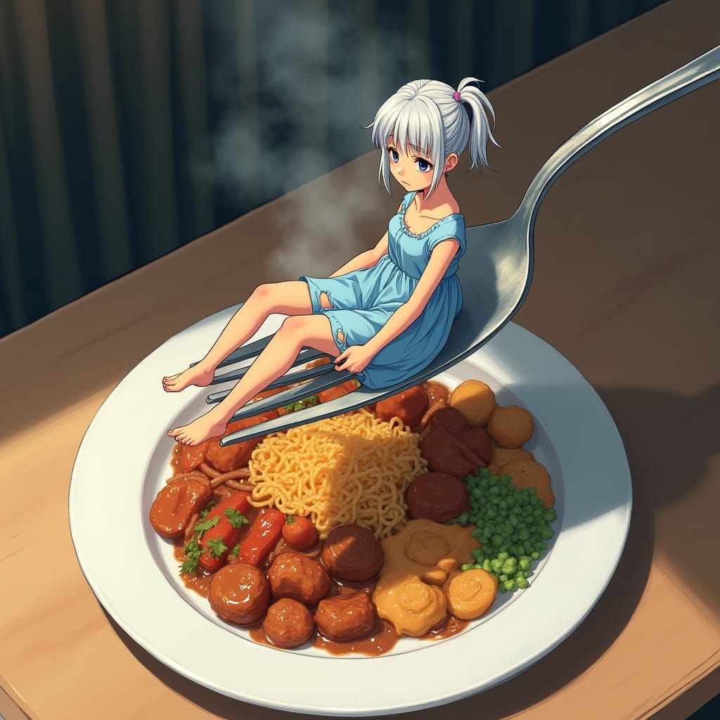 Tiny Girl on a Giant Fork in a Vibrant Anime Style