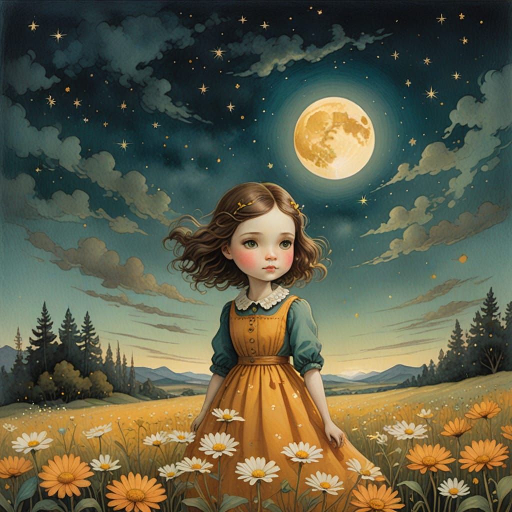 Young Girl in Golden Daisies under a Dreamy Night Sky