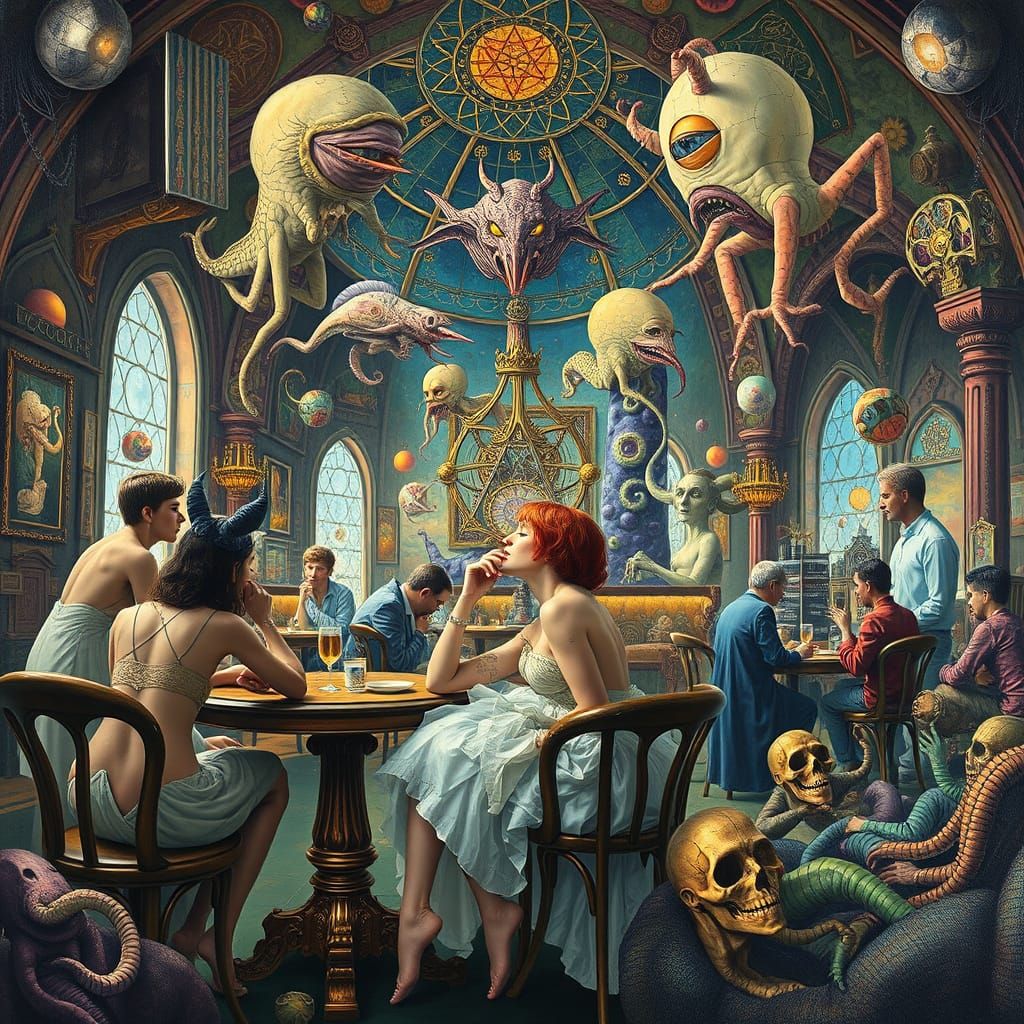 Surreal Cafe Scene with Time Travelers in Maximalist Style