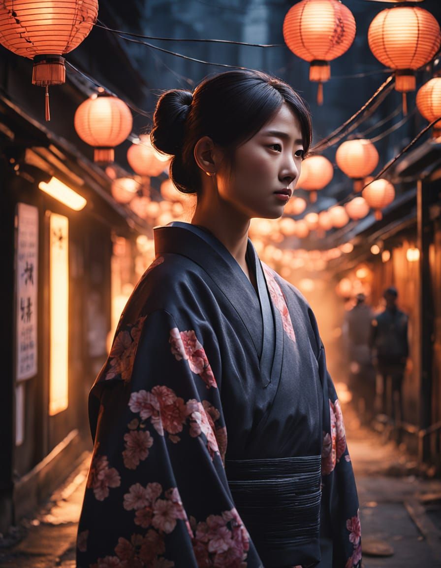Japanese Woman in Tokyo Alley: Vibrant Digital Portrait