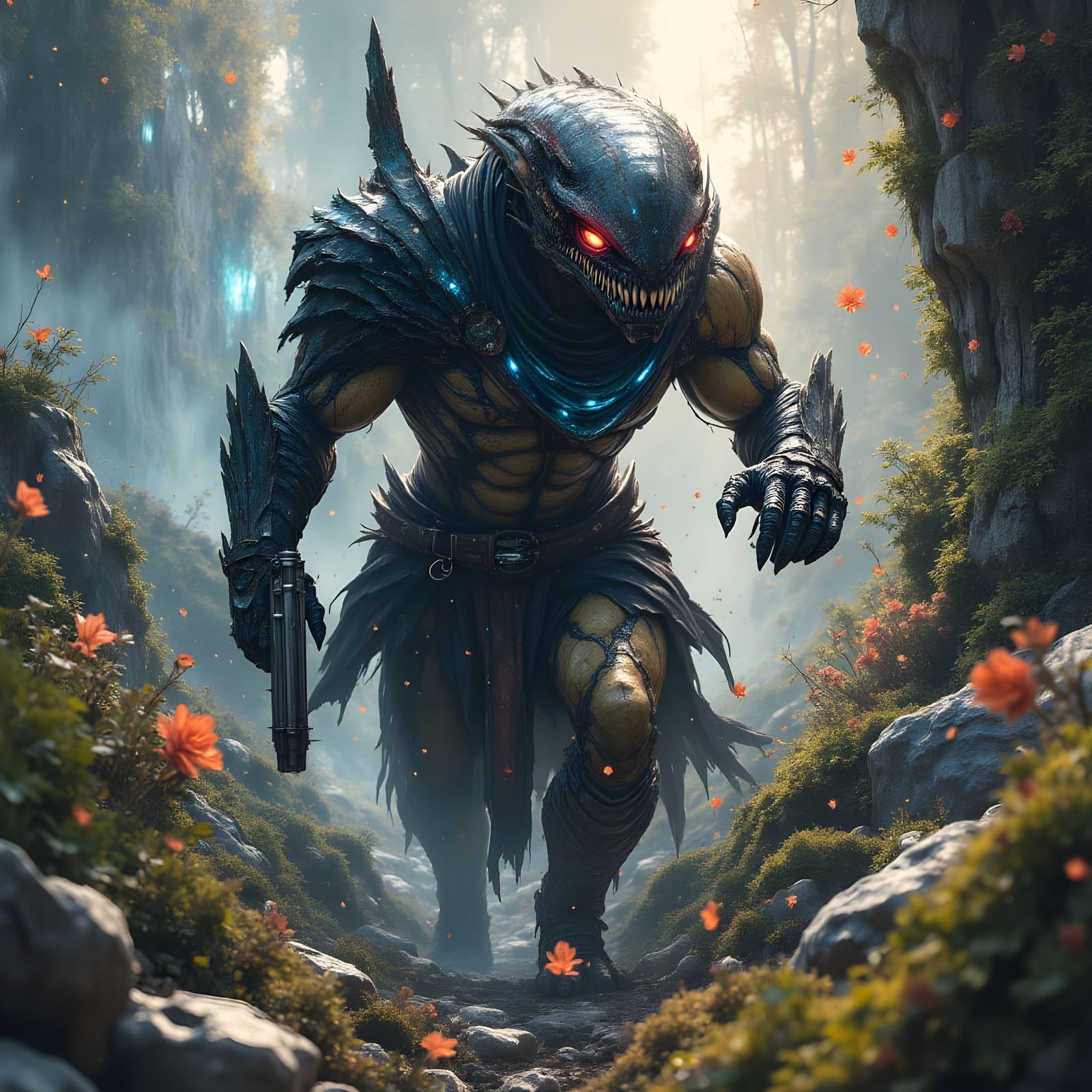 Alien Warrior in Bioluminescent Jungle