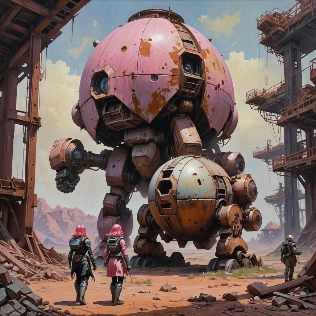 Pink-Haired Women in Power Armor Approach Giant Egg