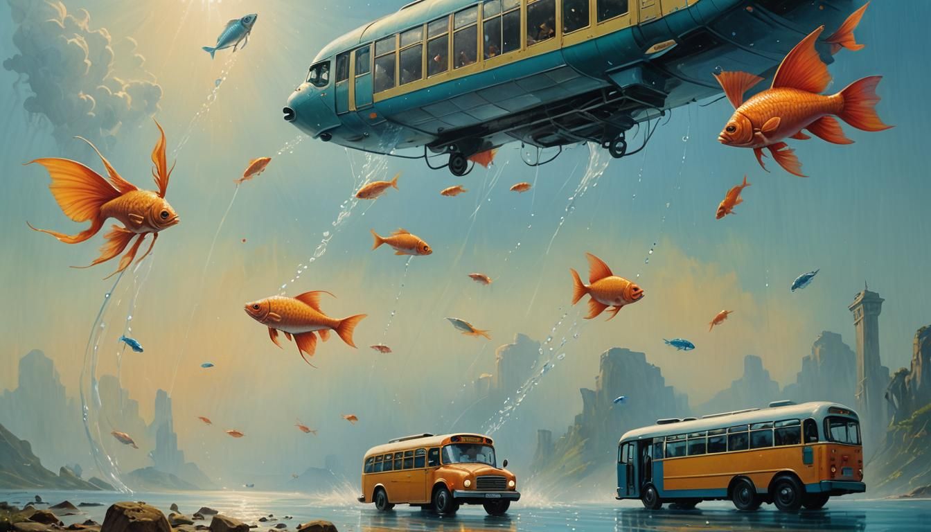 Fish Flies as Bus Bends in Surrealist Oil Painting