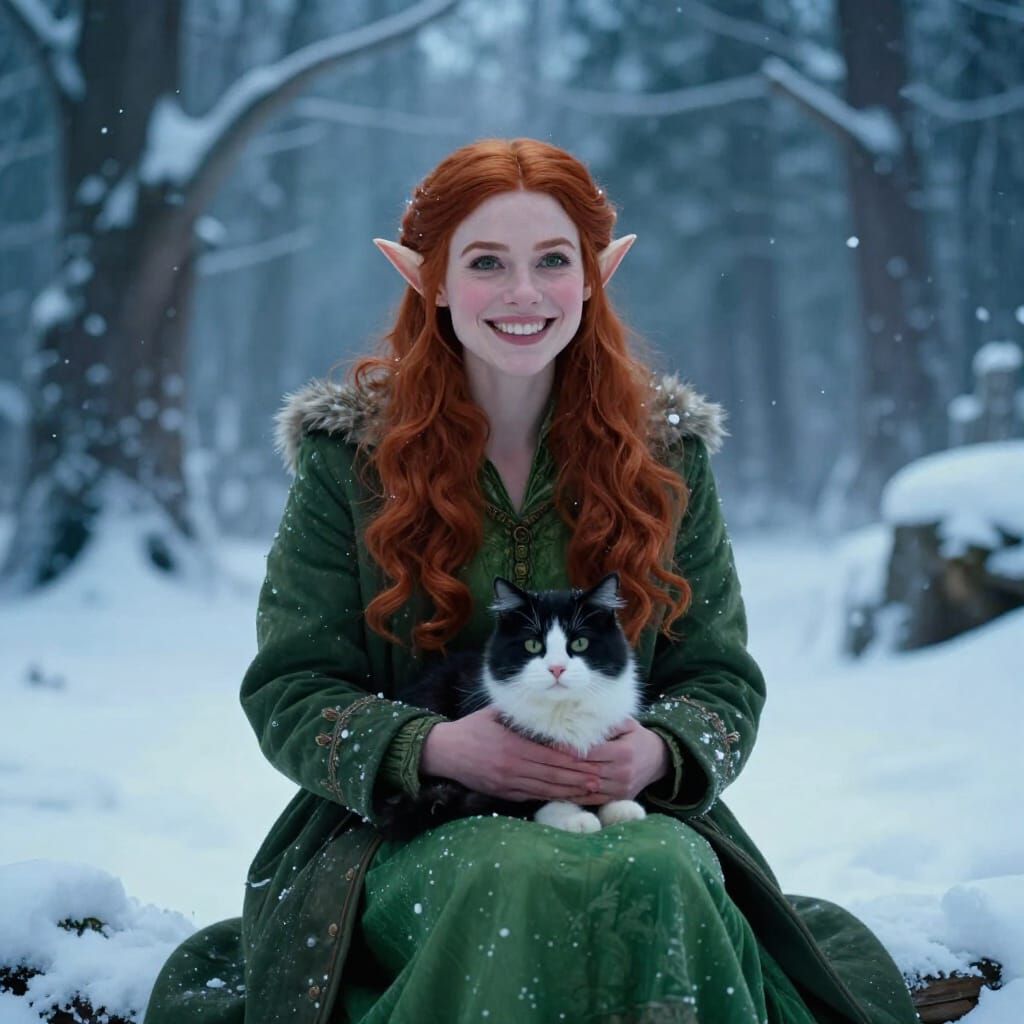Elf in Winter Wonderland With Cat, Cinematic Style