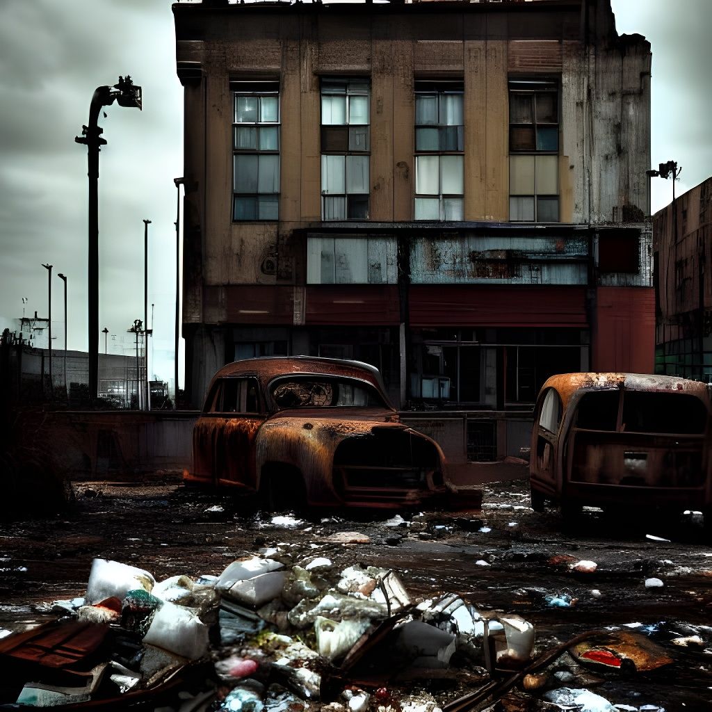 Rusted Ruin: Giant Dogs Amidst Urban Decay