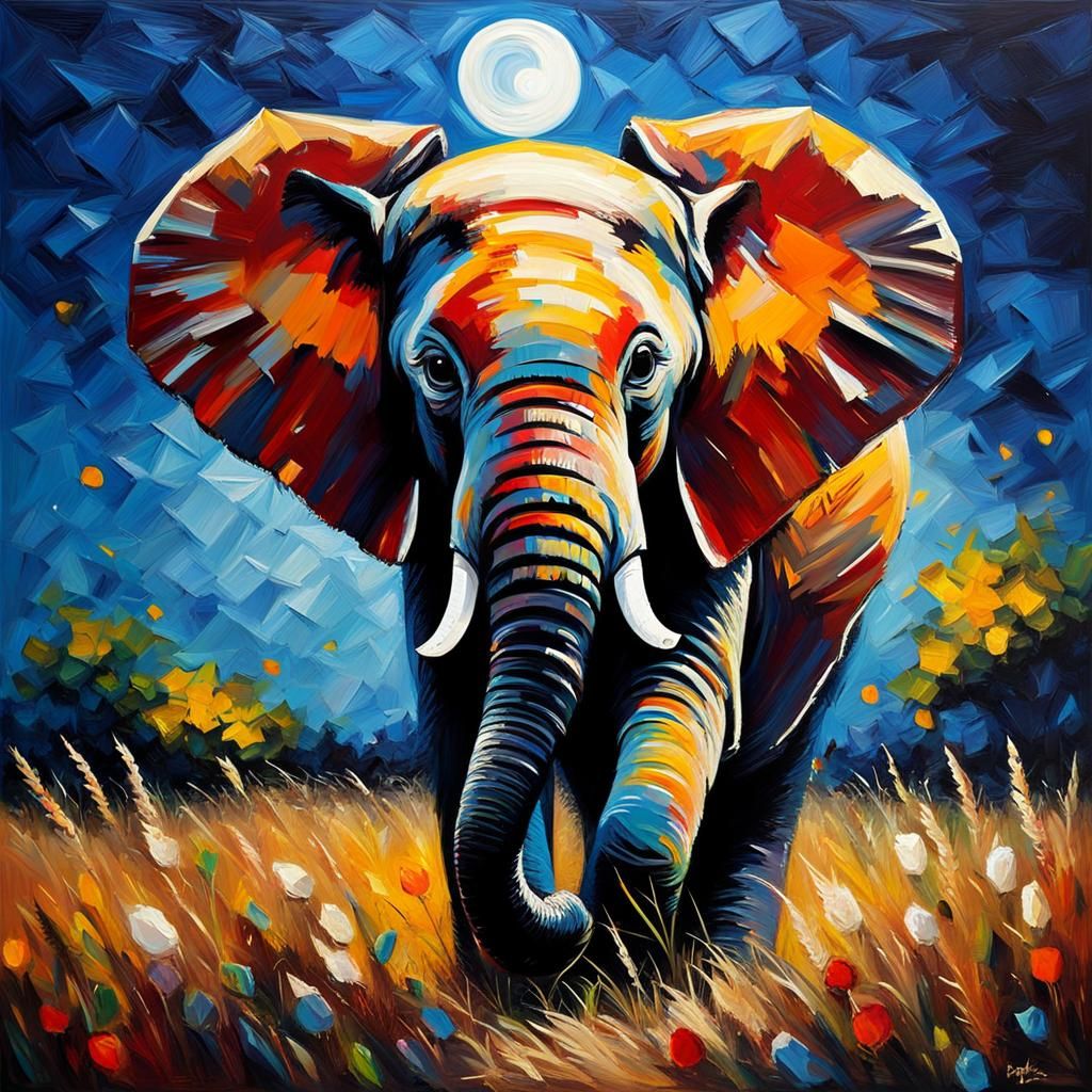 Cute Baby Elephant Impasto Palette Knife Painting