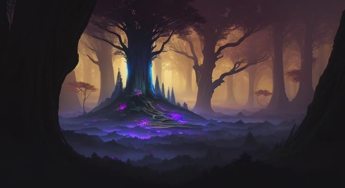 Glowing Tree in Mystical Forest: Fantasy Matte Painting