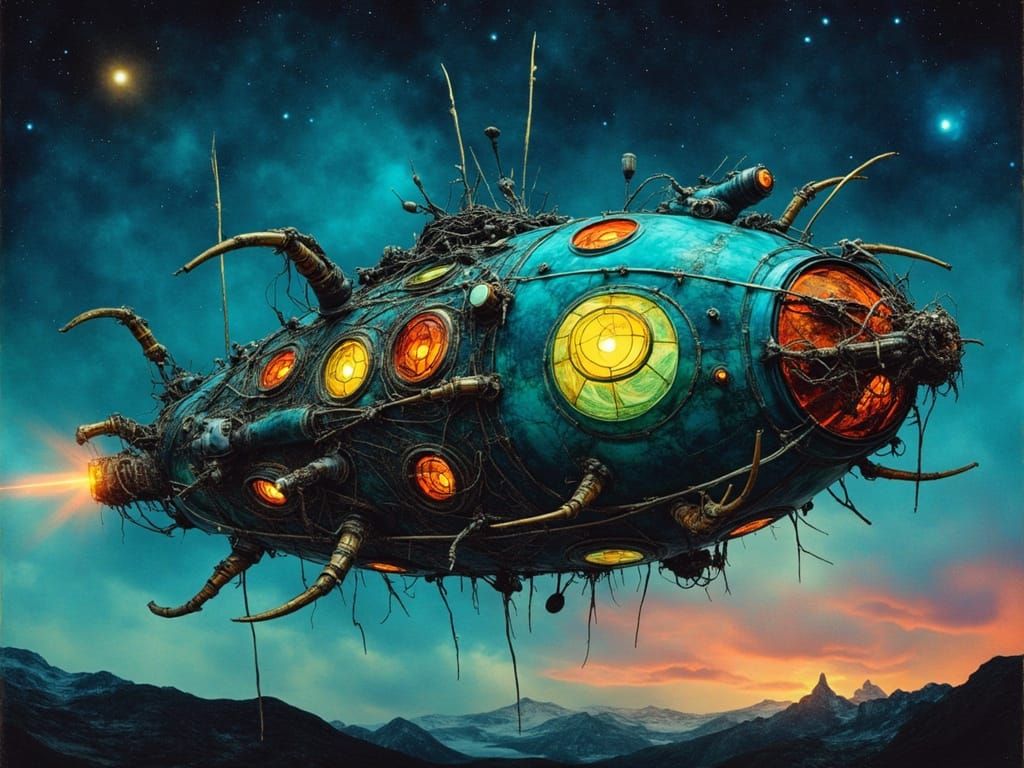 Biomechanical Spaceship in Otherworldly Landscape