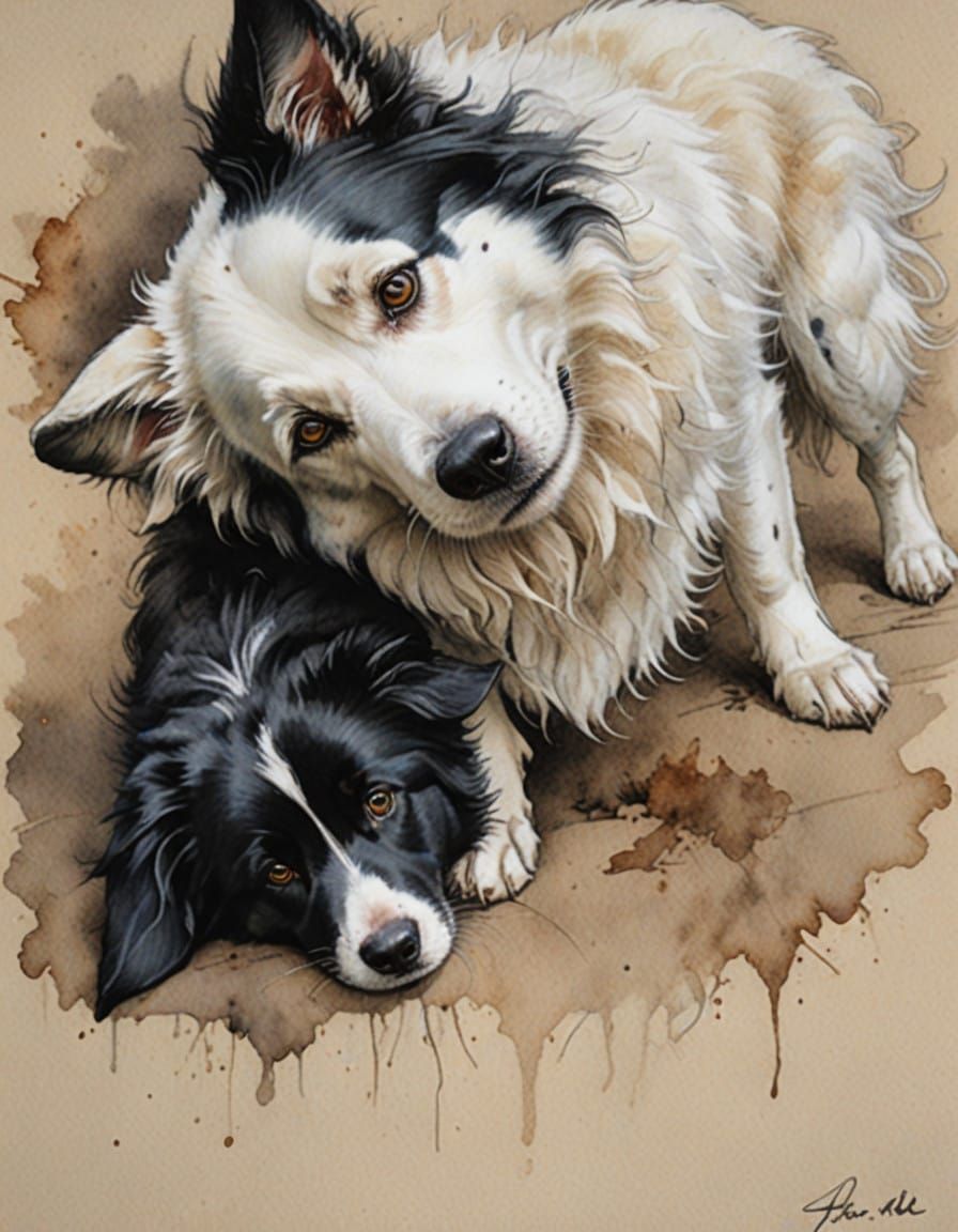 Cute Border Collie Husky Mix by Arthur Rackham Style