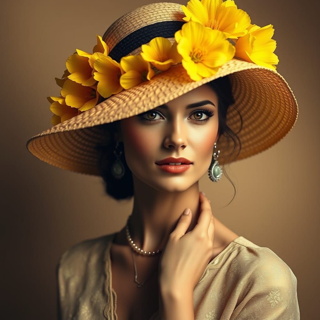 Elegant Woman in Floral Hat, Dramatic Lighting