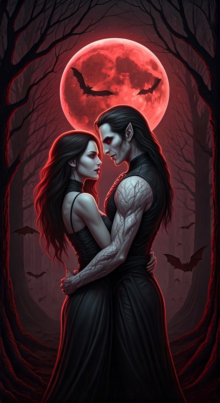 Ethereal Vampire Couple Embracing in Dark Mystical Forest
