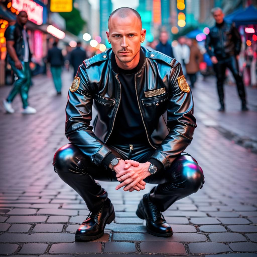 Handsome Policeman in Leather Outfit, Synthwave Style