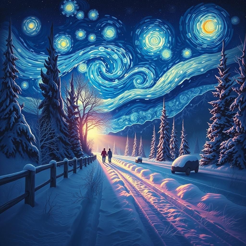 Aurora Borealis Couples in Starry Night Style