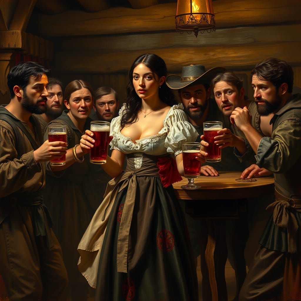 Medieval Tavern Scene in Earthy Tones and Vibrant Colors