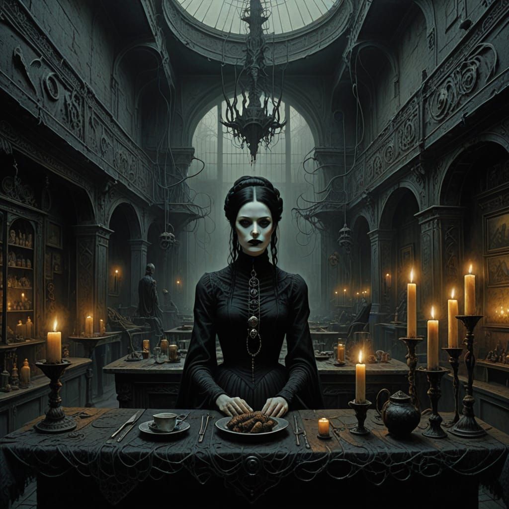 Moody Female Model in a Dark, Gothic Coffee Shop