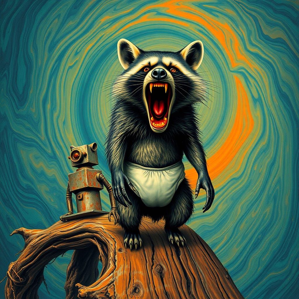 Emotive Raccoon's Scream: Maximalist Art