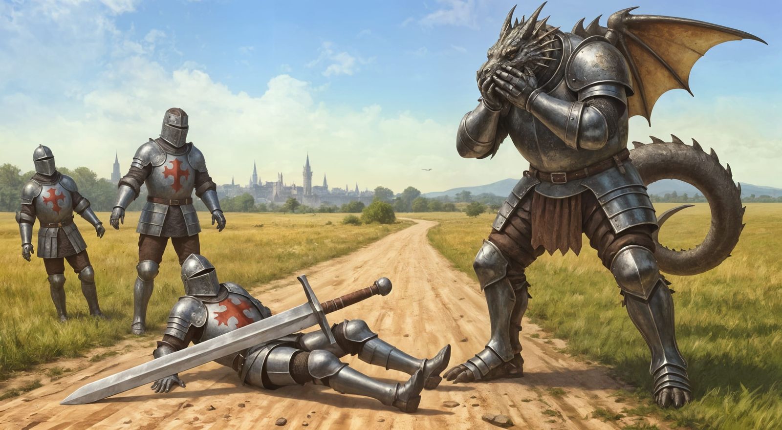 Comical Knight Crushed by Oversized Sword