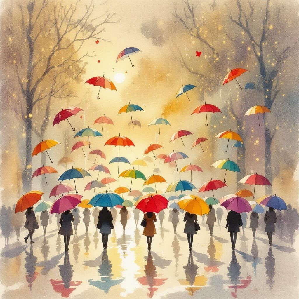 Whimsical Watercolor Umbrellas in Golden Dust Rain
