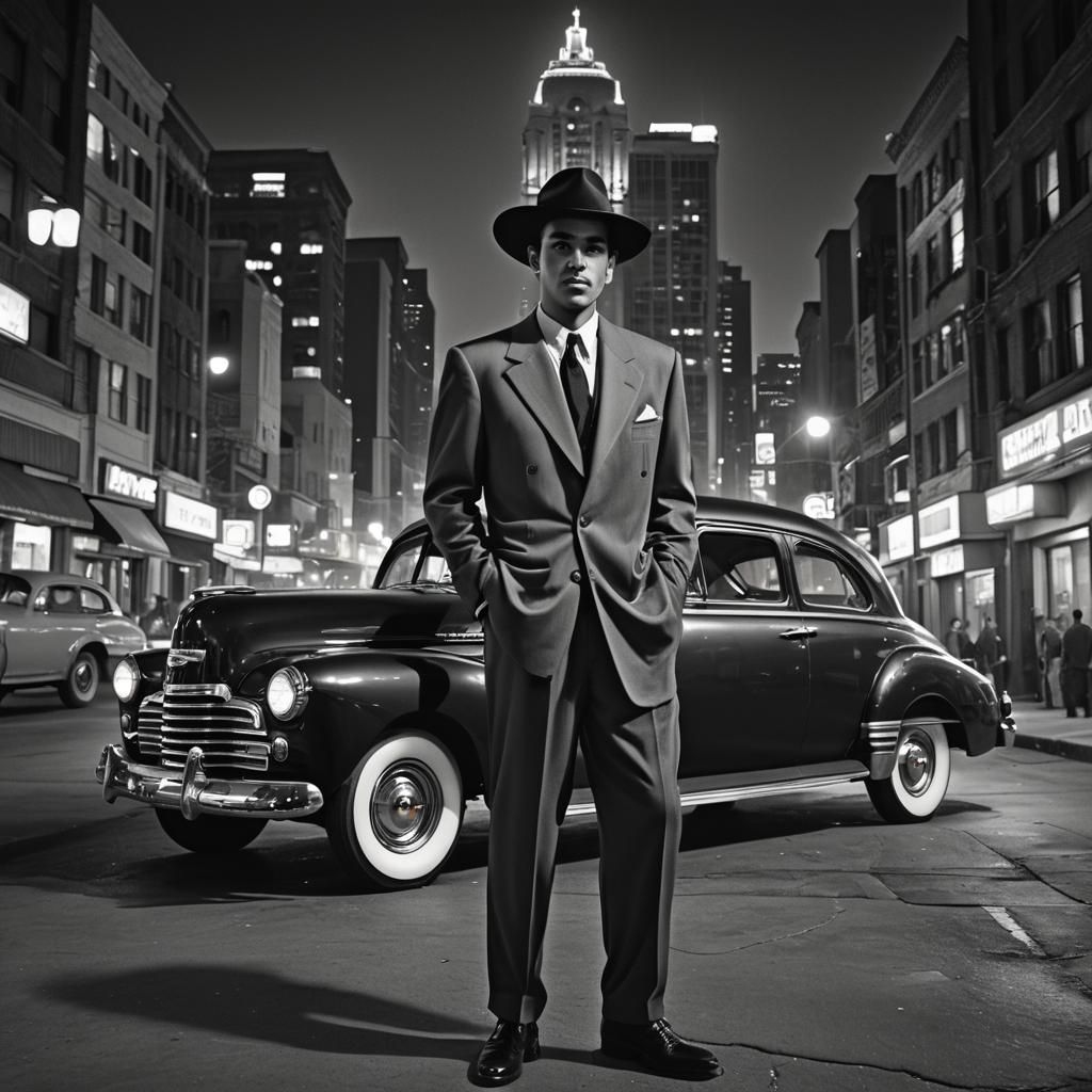 Mexican Zoot Suiter in Noir-Inspired Cityscape