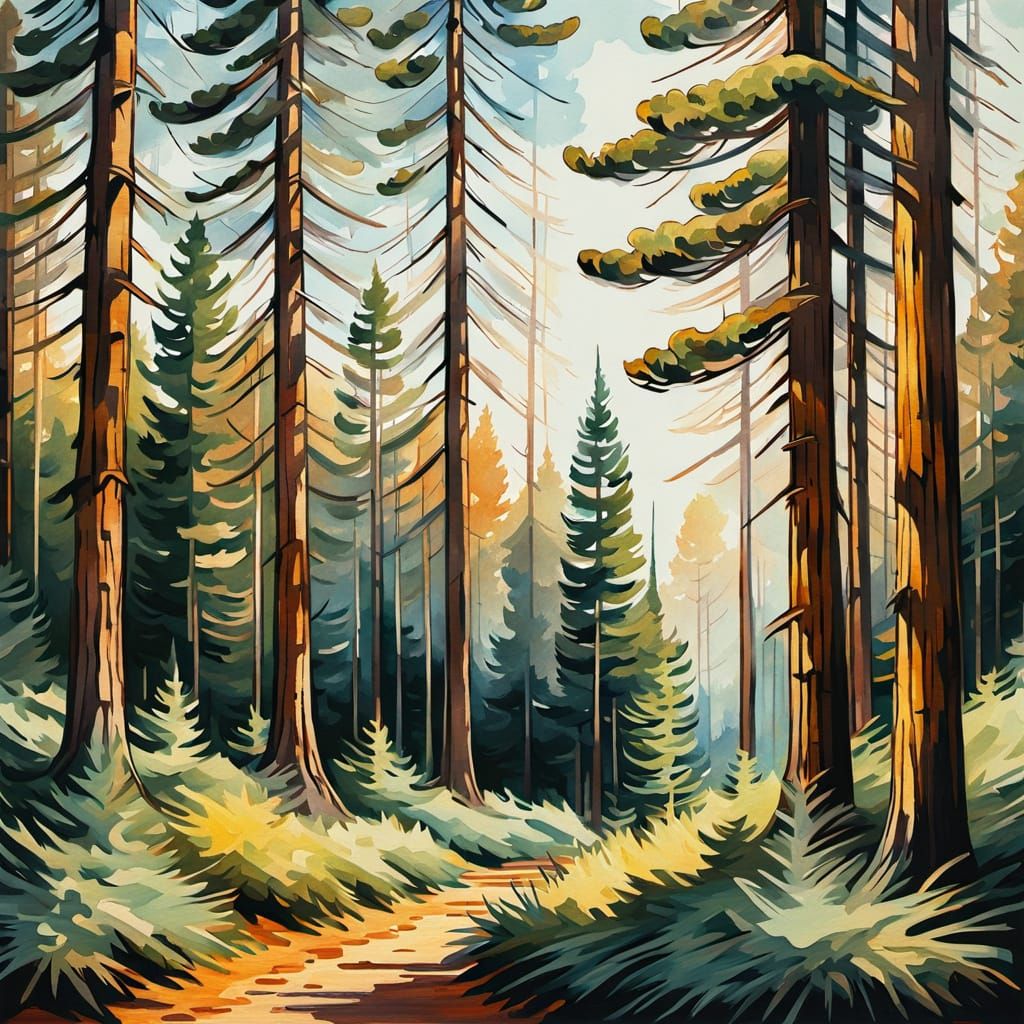 Impressionist Pine Tree Forest with Expressive Brushstrokes