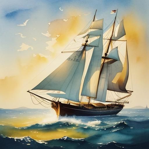 Majestic Sailboat on Lake in Watercolour Style