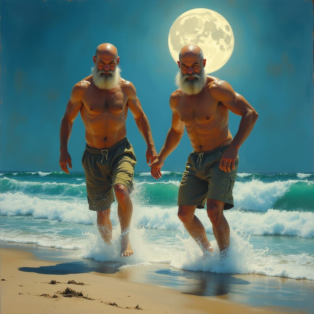 Moonlit Beachcombers: Two Muscular Men Frolic in the Night