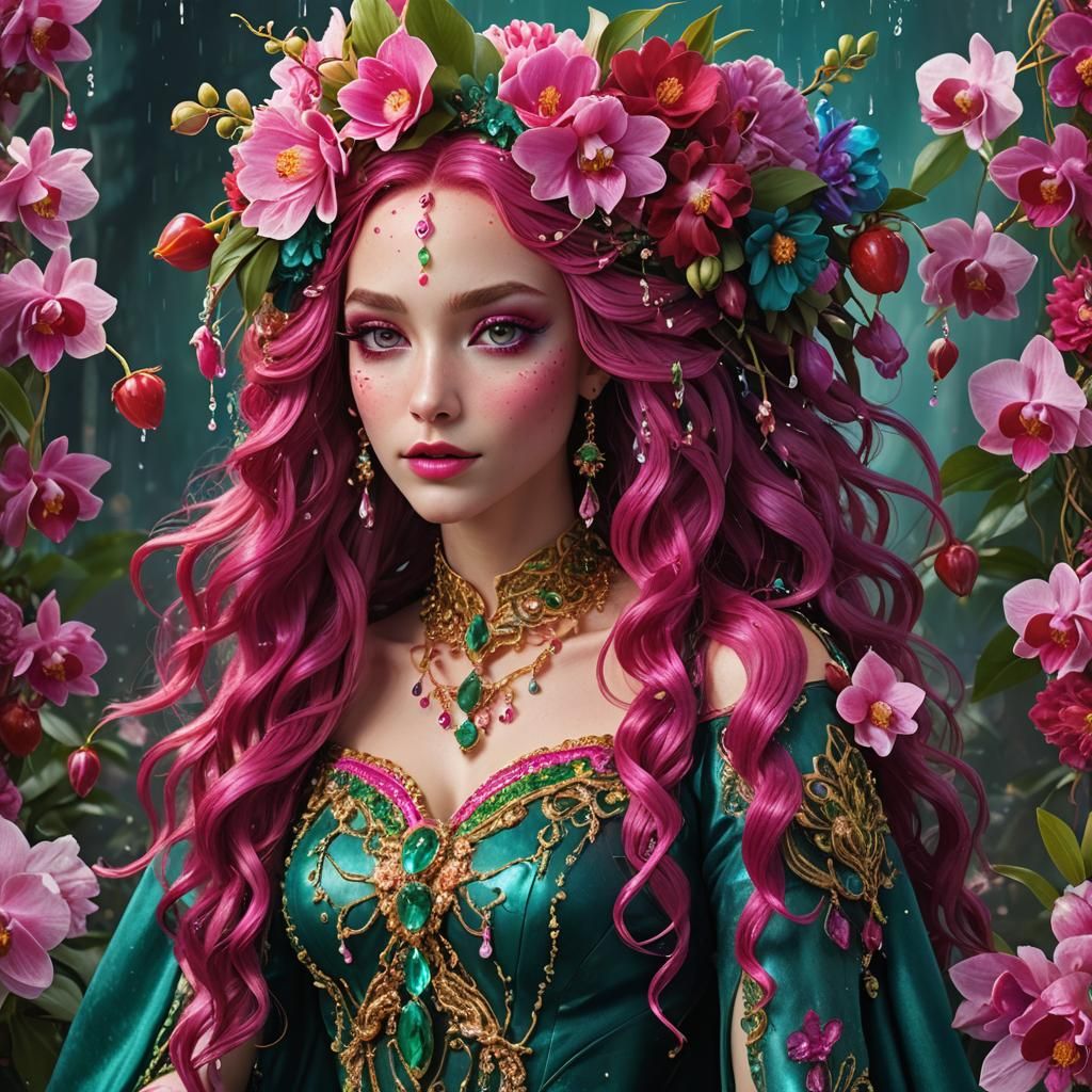 Elven Girl with Fuchsia Hair in Strawberry Field