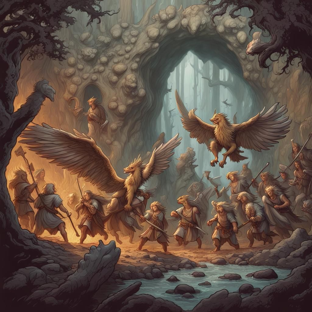 Griffin Ambush at Cave Entrance: Retro D&D Illustration