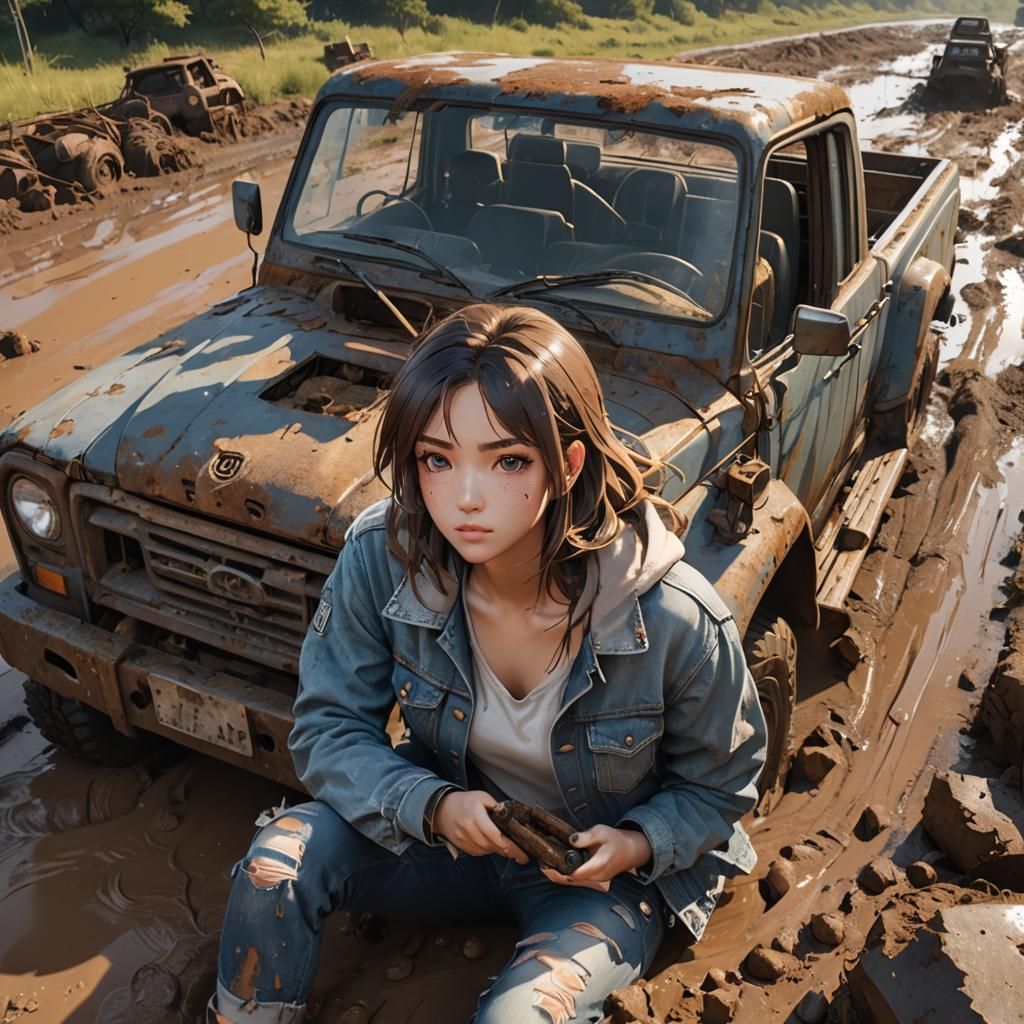 Anime Girl Drives Muddy Truck: 3D Art