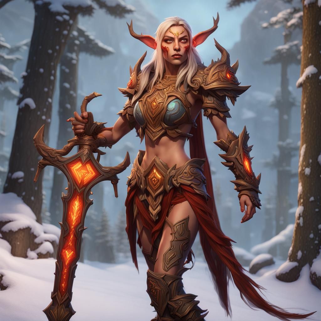 Blood Elf Druid in Wooden Armor, Detailed Matte Painting