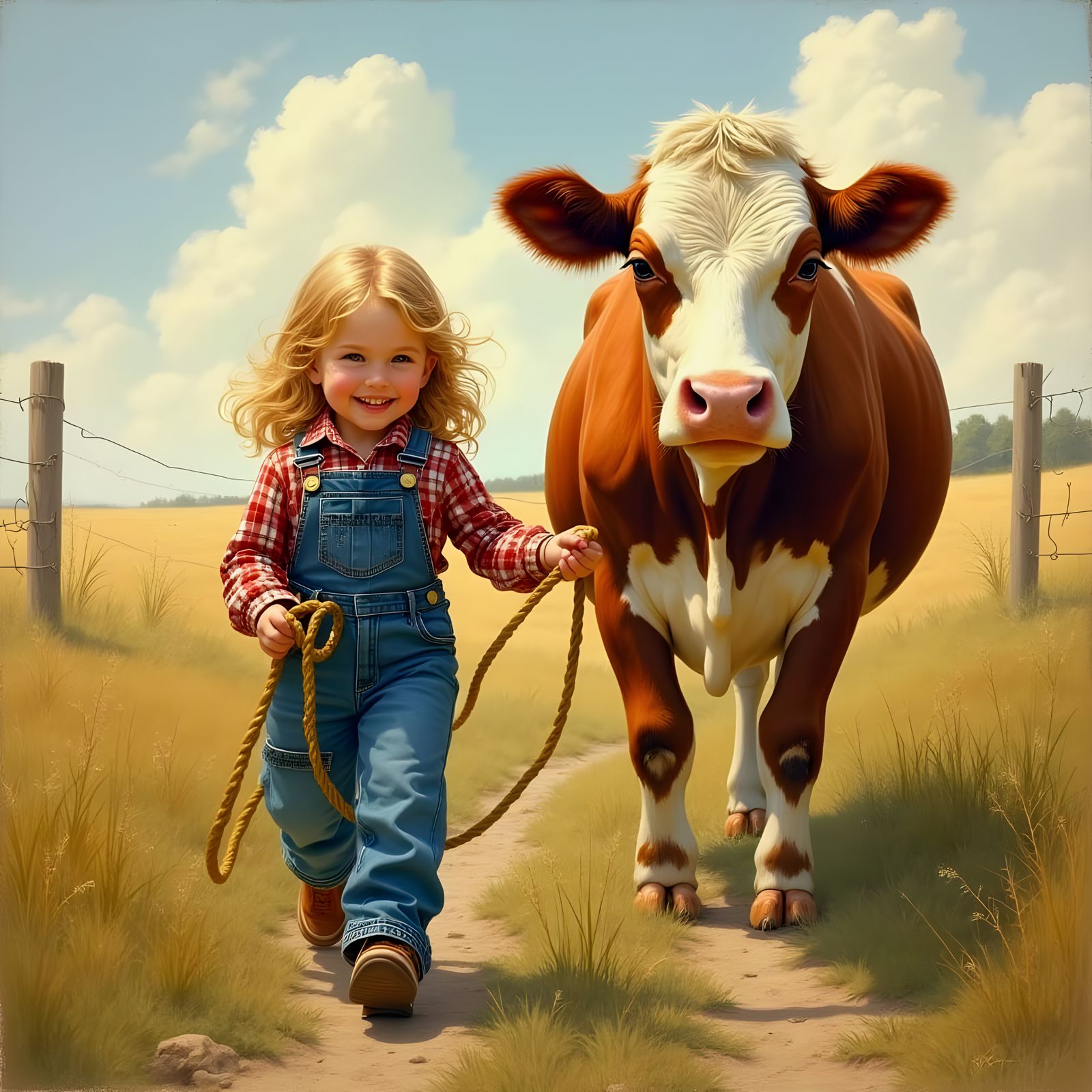 Girl Leads Cow in Rockwell-esque Rural Scene
