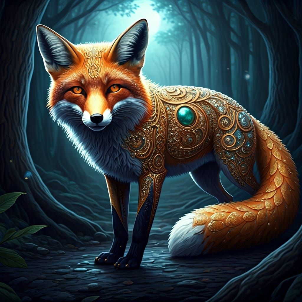 Gemstone Fox in Moonlit Forest, Hyperrealistic Style