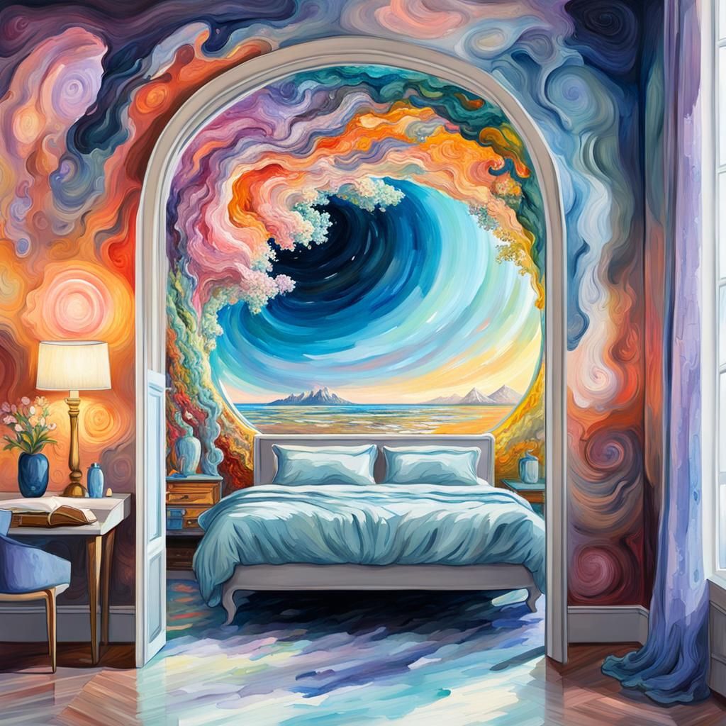 Surreal Dreamscape Mirror Portal in Gouache Style