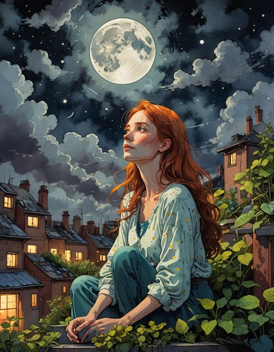 Dreamy Ginger Woman in Moonlit Rooftop Garden