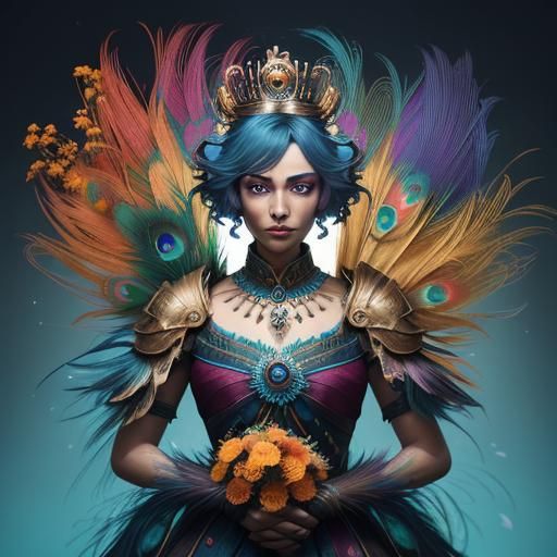 Peacock Woman with Orange Crown in 3D Art