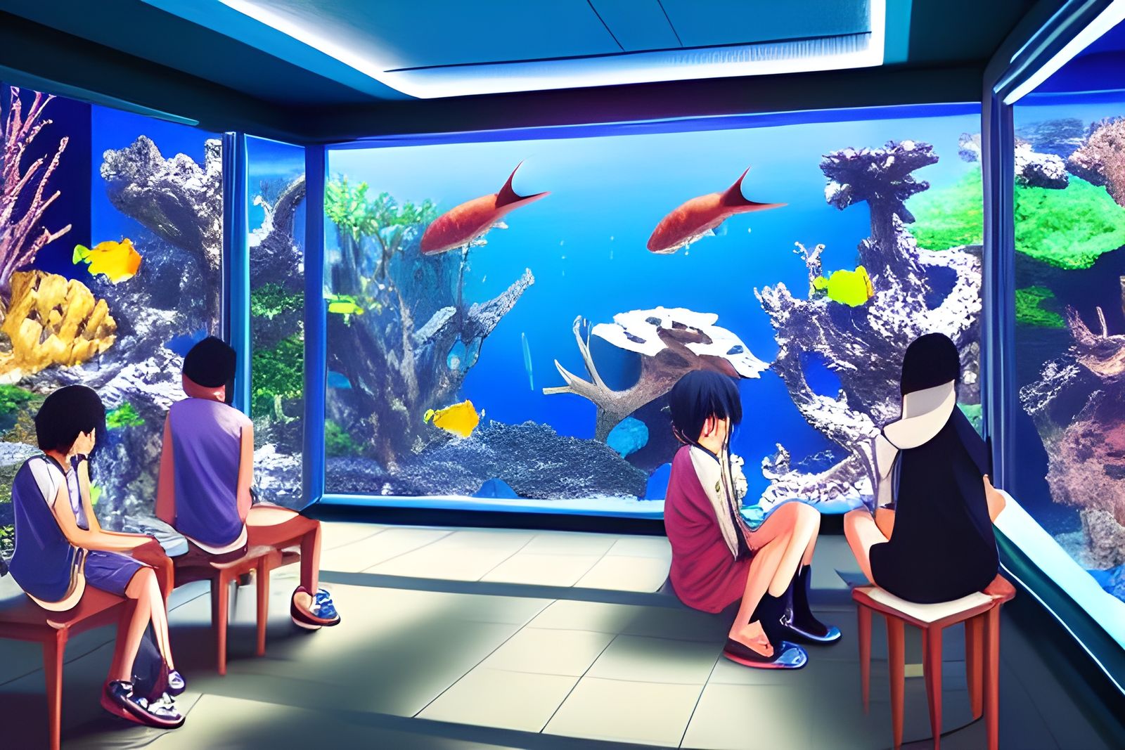 Anime Students Visit Aquarium in Detailed Style