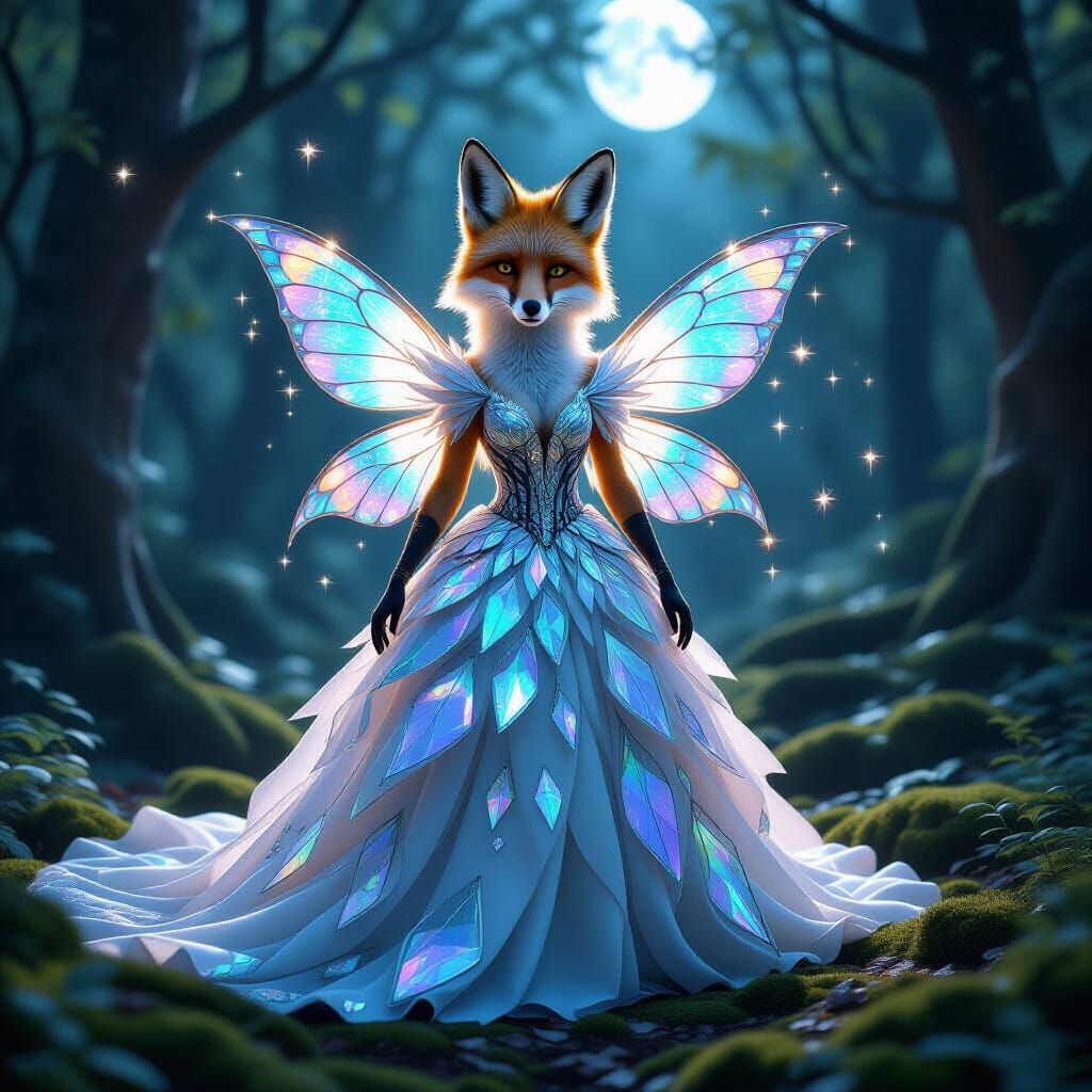 Regal Fox in Shimmering Glass Gown in Moonlit Forest