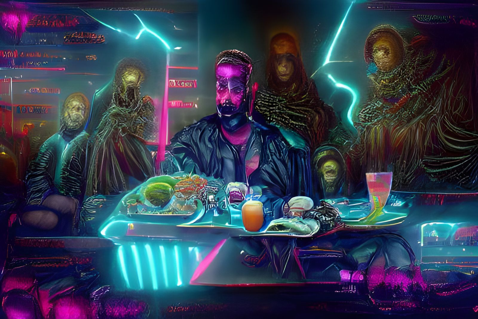 Cyberpunk Last Supper: Synthwave Neon Horror