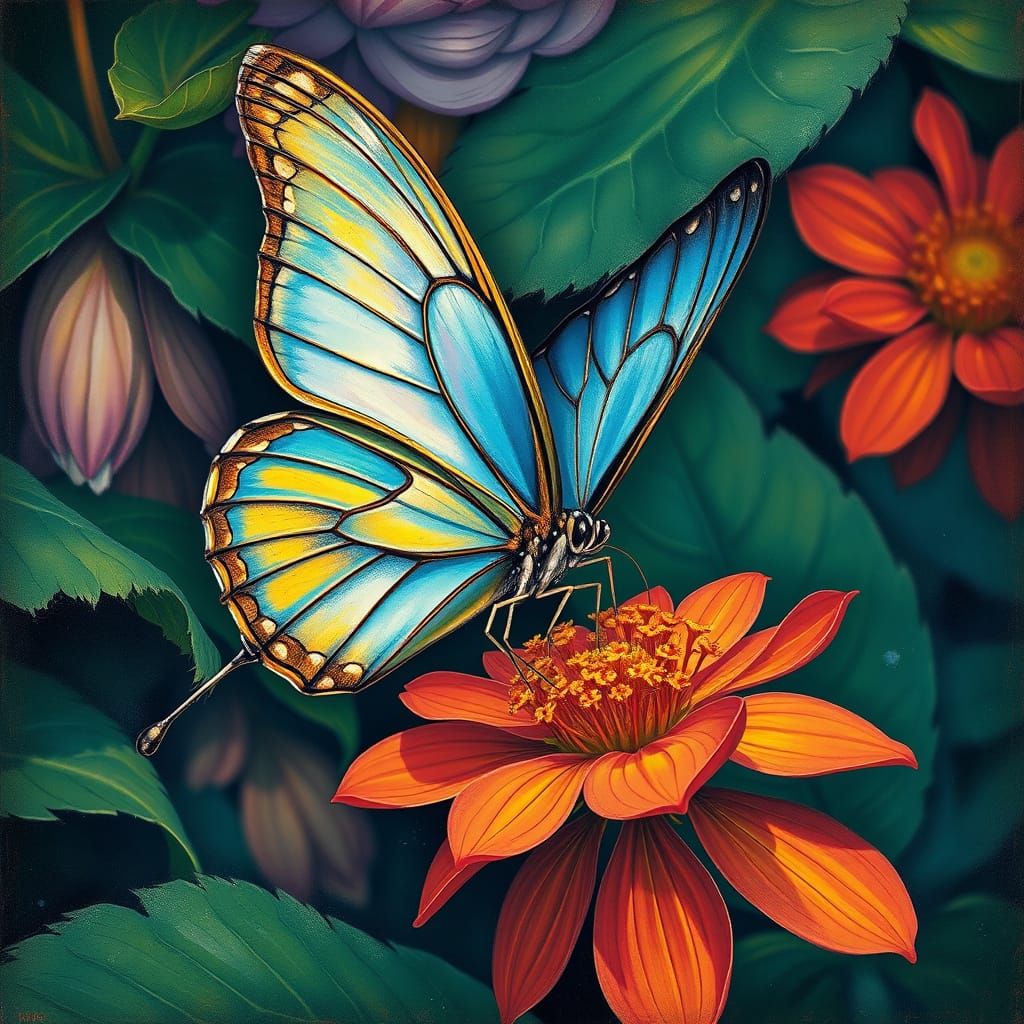 Vibrant Butterfly in Exotic Bloom, Blending Expressionism an...