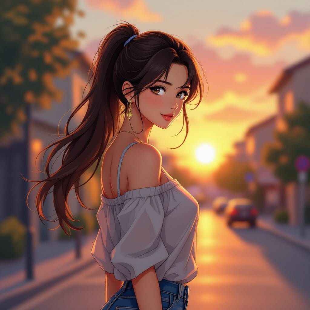 Anime Woman Walking Towards Camera at Golden Hour