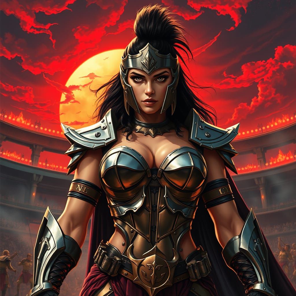 Female Gladiator in Arena Under Red Sunset