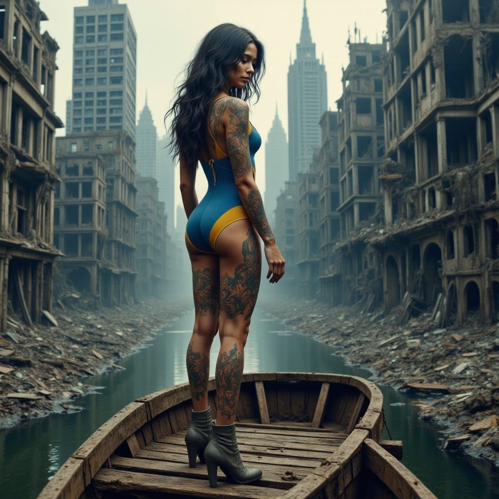 Dystopian Wasteland: Woman on Floating Boat, Photorealistic ...