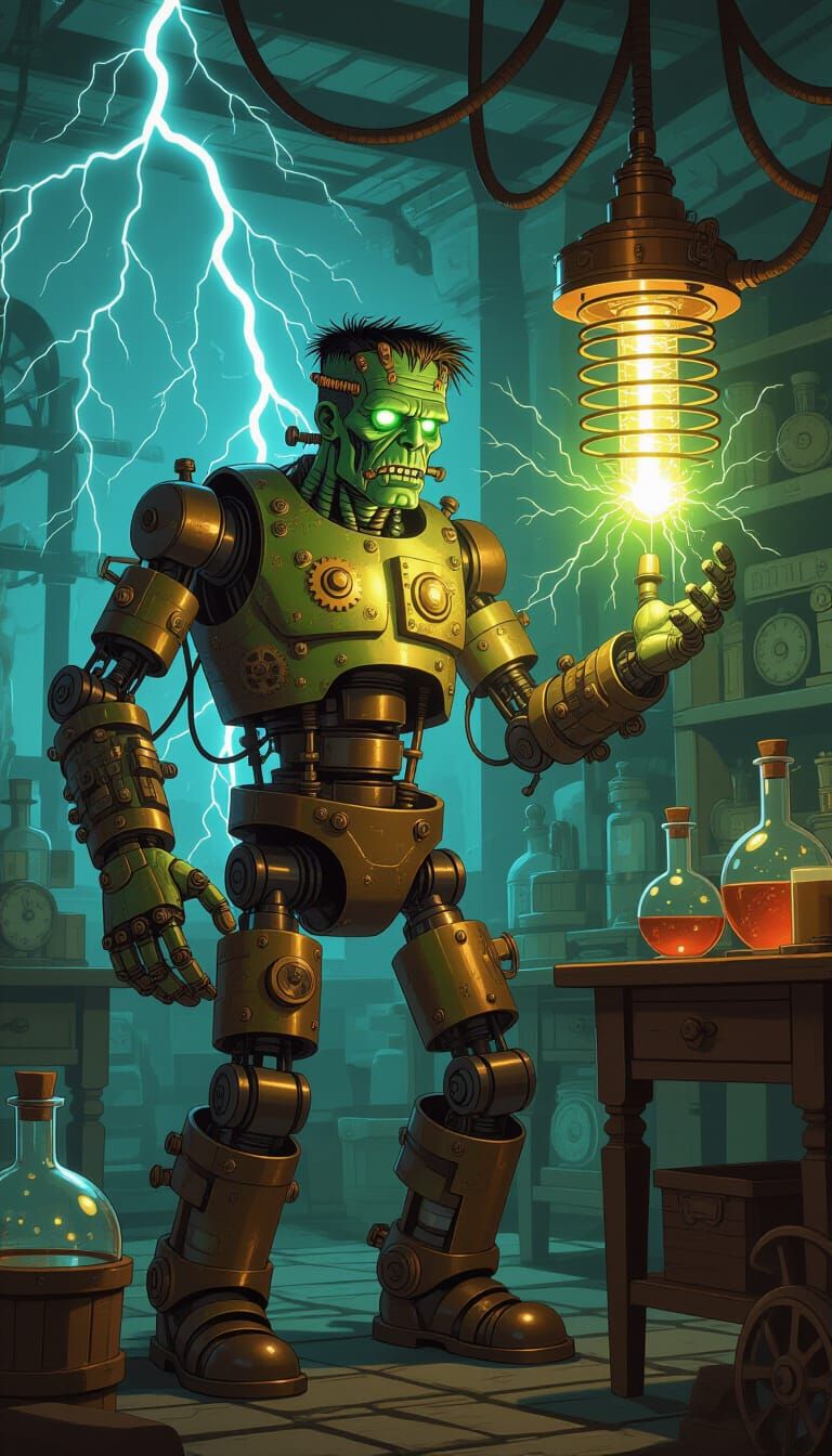 Steampunk Frankenstein's Monster in Victorian Laboratory