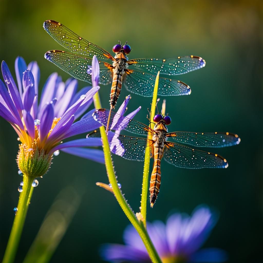 Dragonflies on Purple Wildflower: Golden Hour Macro Photogra...