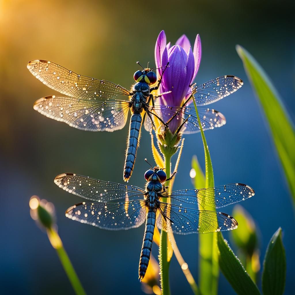 Dragonflies on Purple Wildflower at Golden Hour