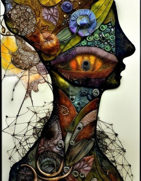 Intricate Textile Art Portrait with Celestial Motifs