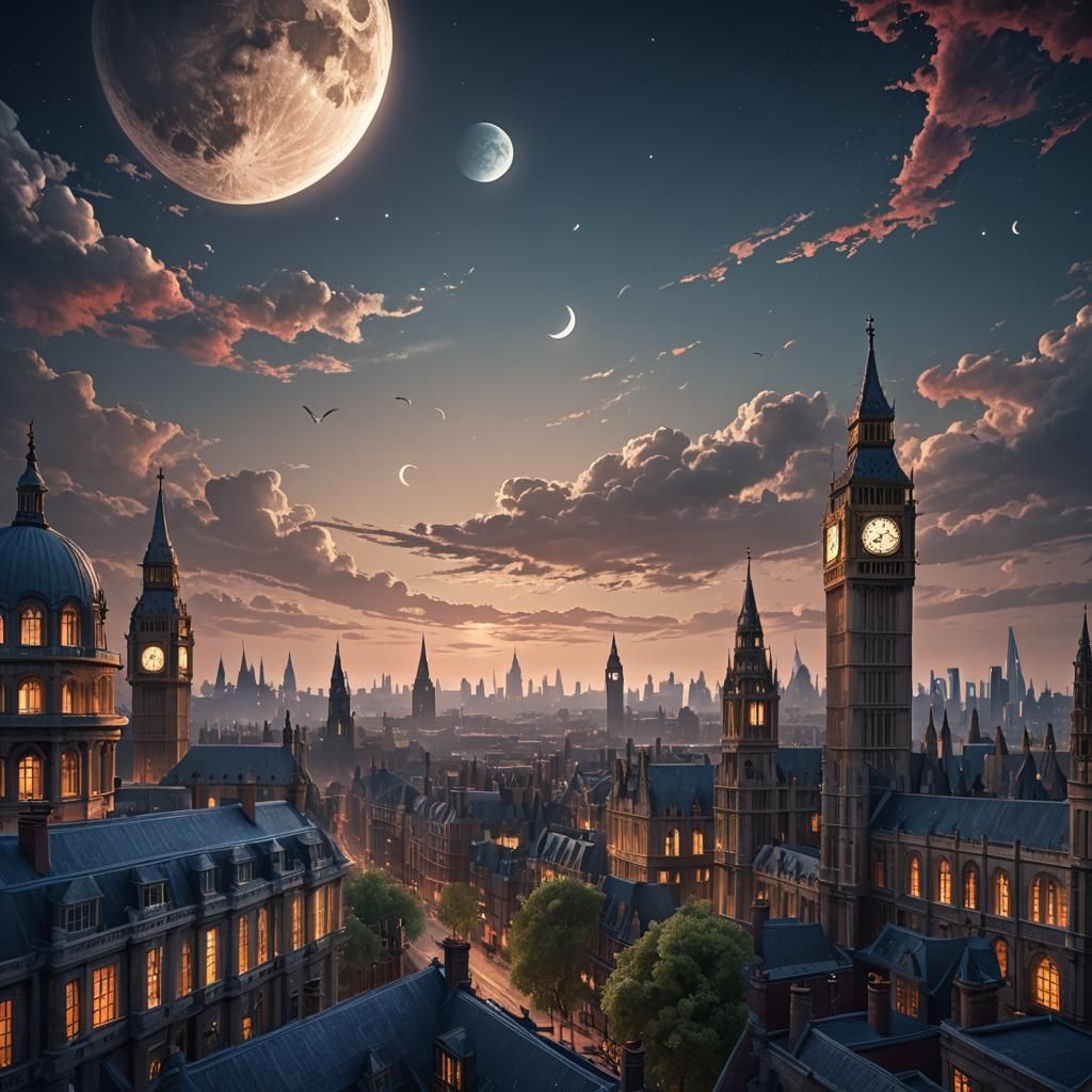 Windy Moonlit Evening Over London: Detailed Matte Painting