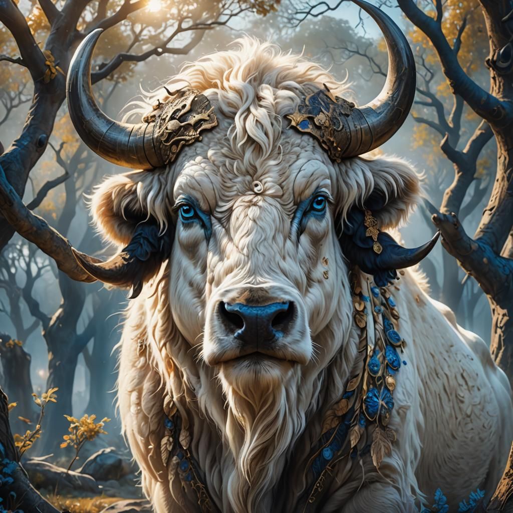 Majestic White Buffalo in Dreamy Village: Fantasy Art